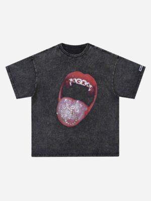 Hip Hop Mouth Printed Washed Out T-shirt